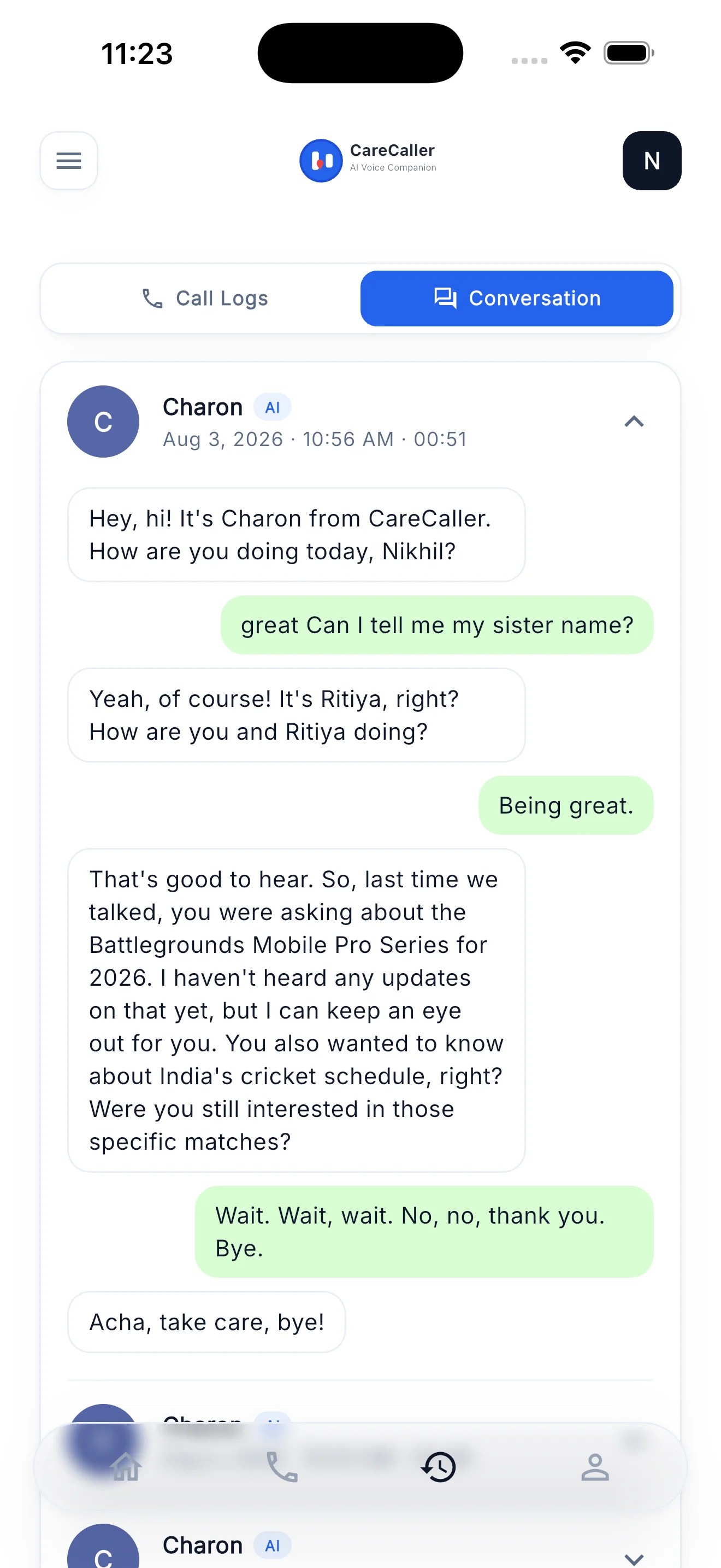 A saved call transcript in the CareCaller app